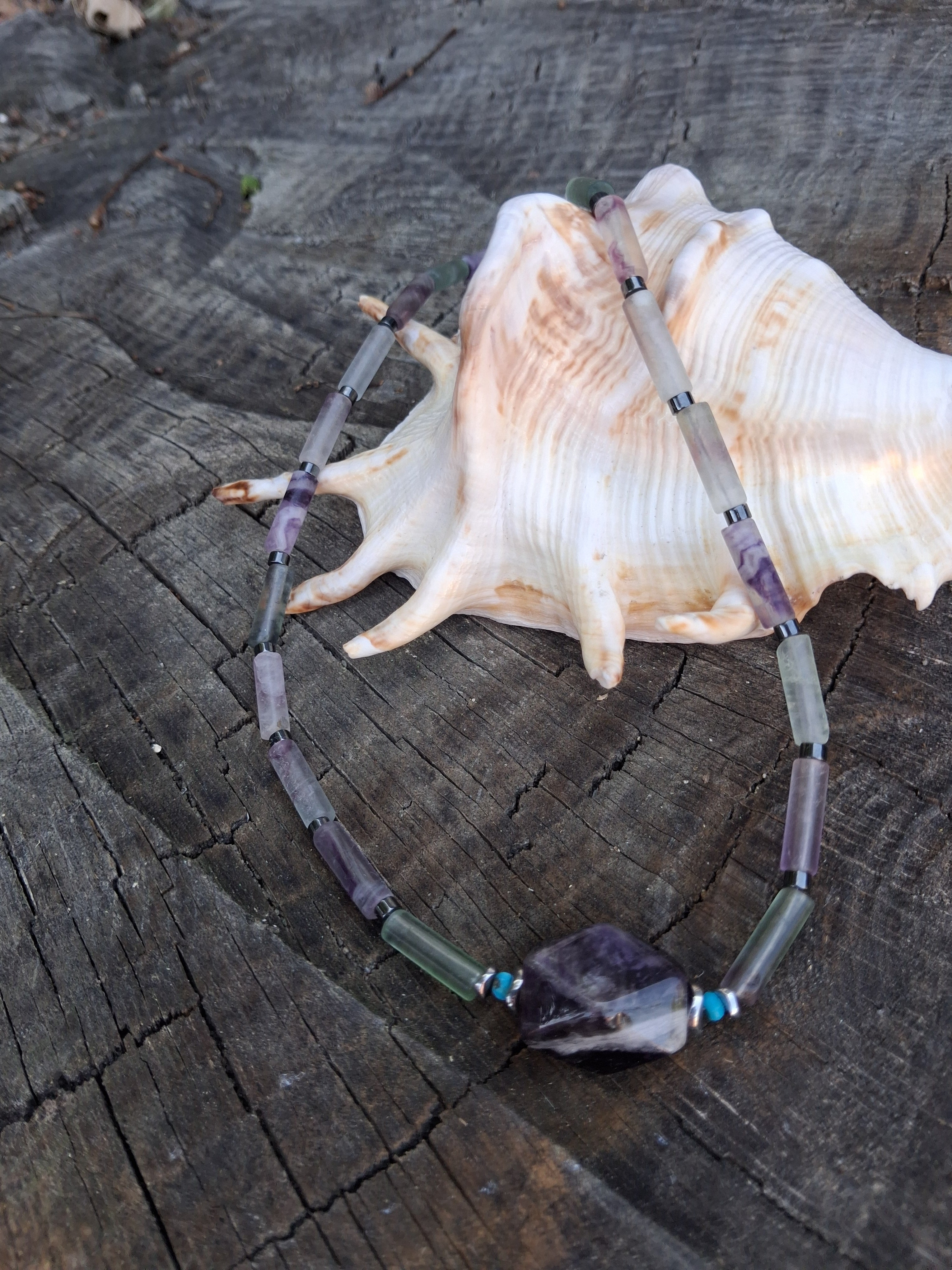 Collier Dalmates – Fluorite, Hématite, Turquoise & Améthyste