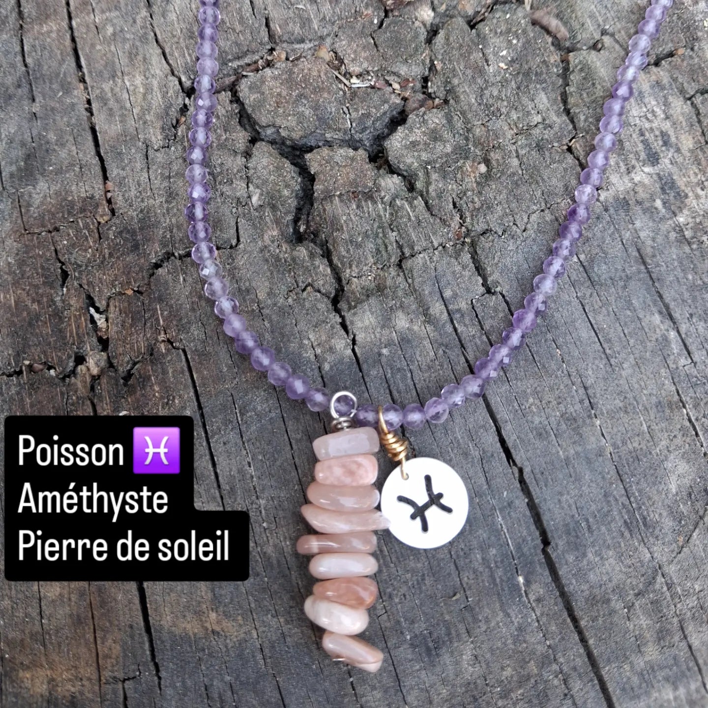 Collier Astro Poisson — Améthyste & Pierre de soleil, fait main