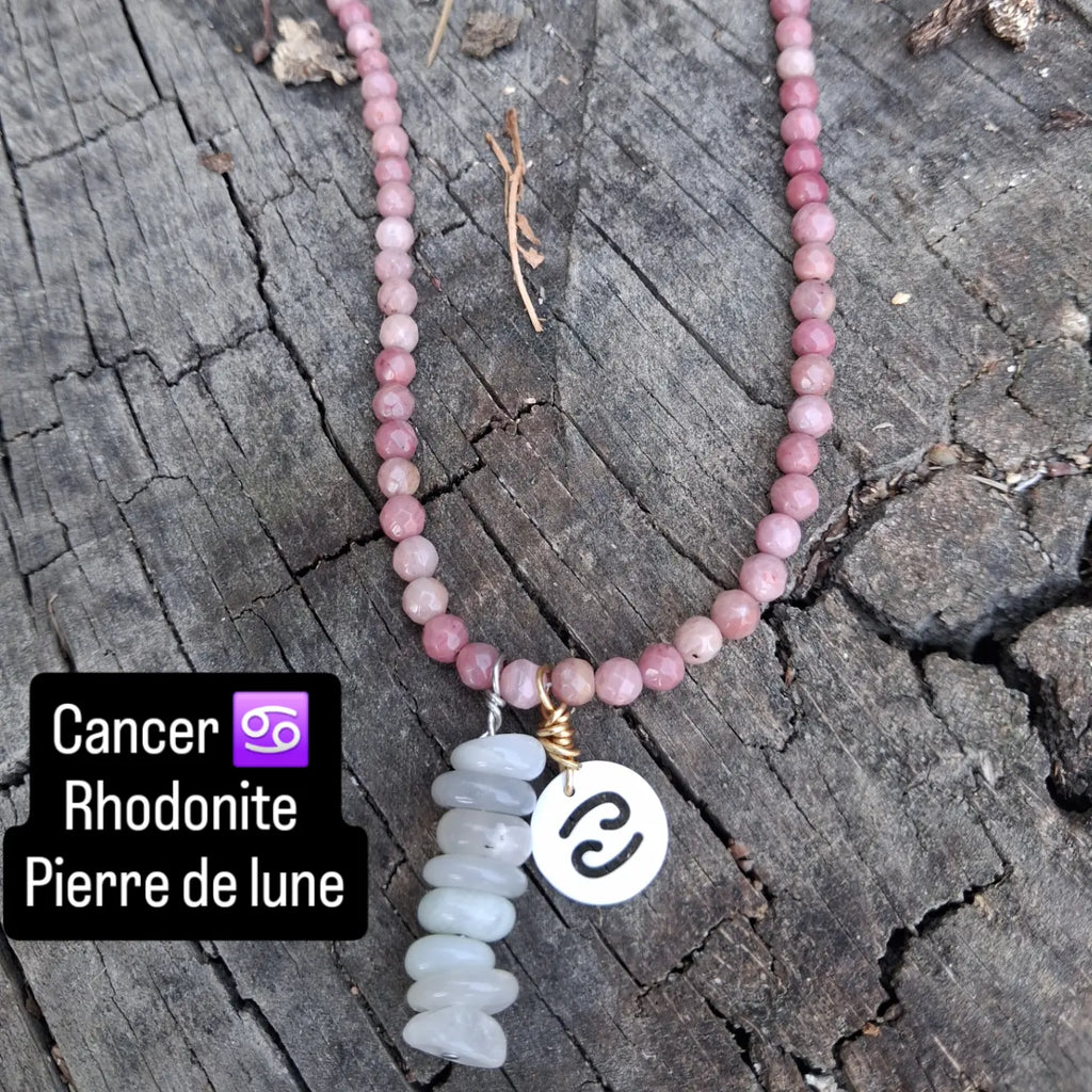 Collier Astro Cancer — Rhodonite & Pierre de lune, fait main