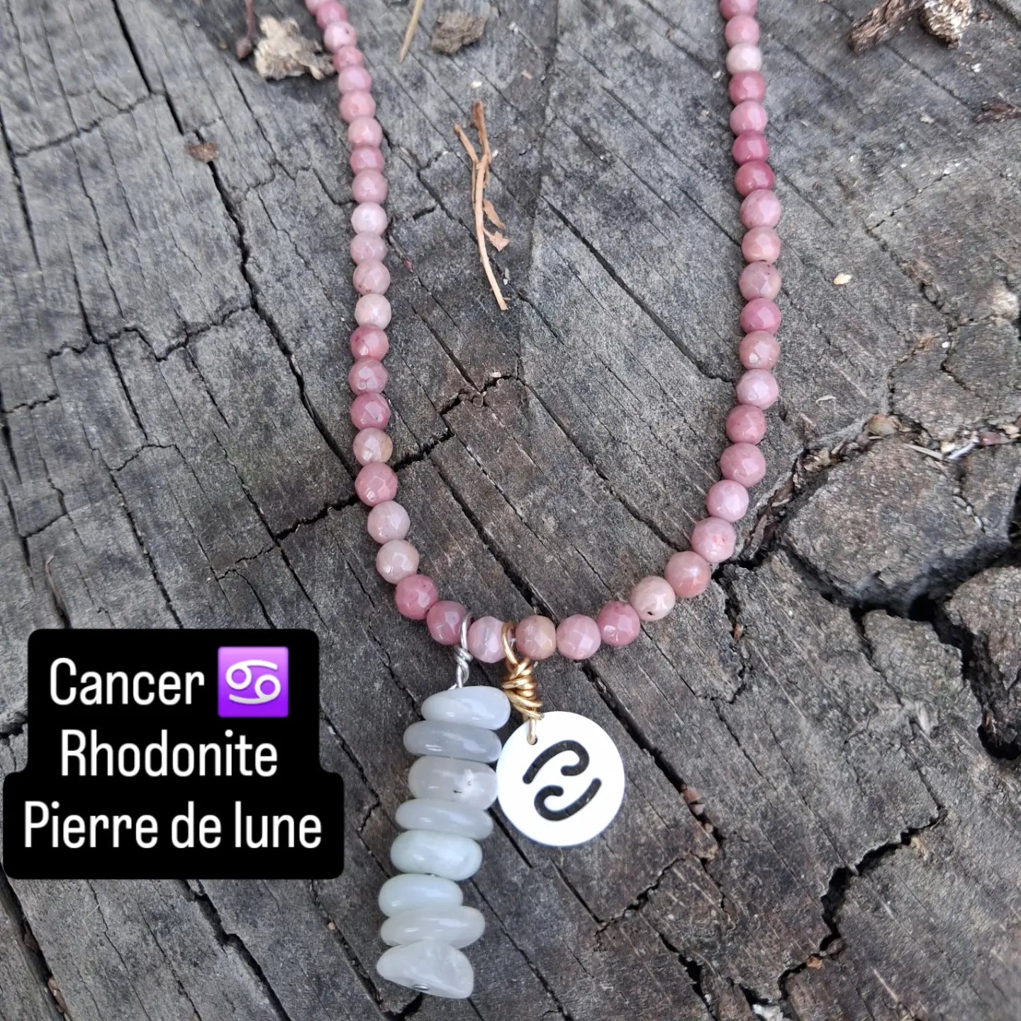 Collier Astro Cancer — Rhodonite & Pierre de lune, fait main