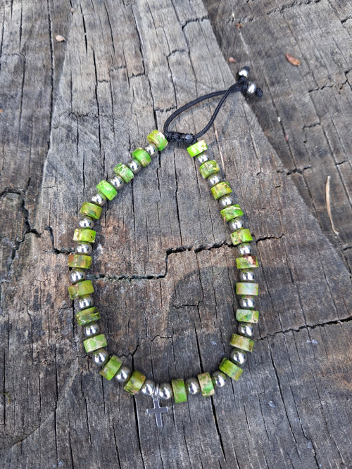 Bracelet Homme — Jade vert & Croix acier, fait main