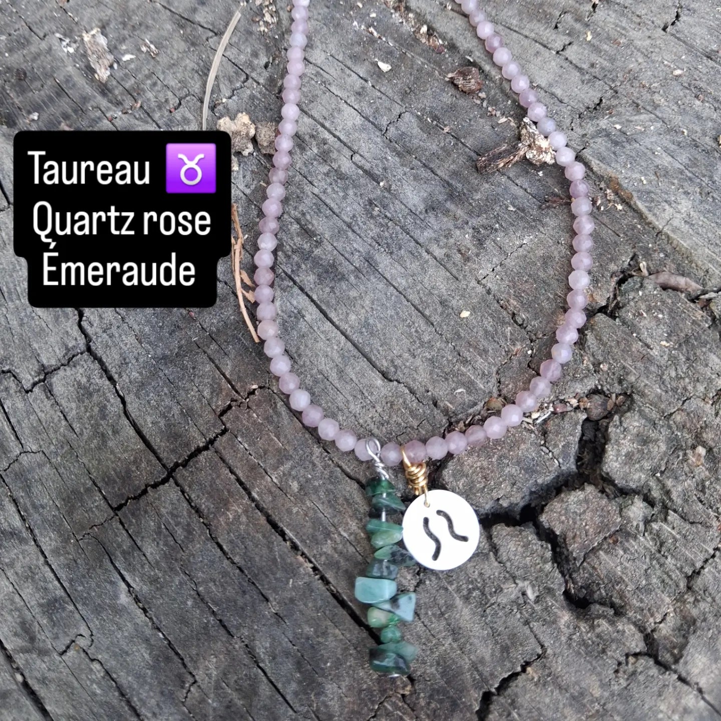 Collier Astro Taureau — Quartz rose & Émeraude, fait main