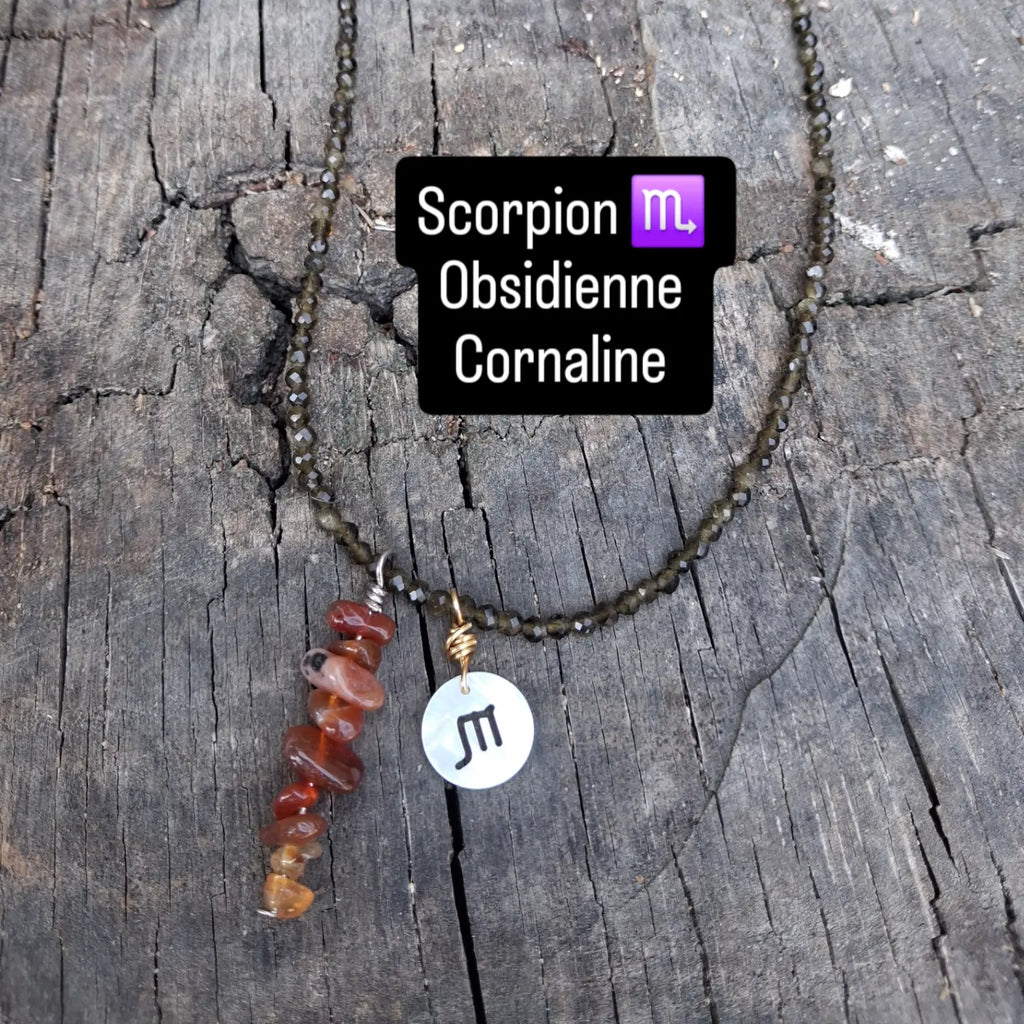Collier Astro Scorpion — Obsidienne & Cornaline, fait main