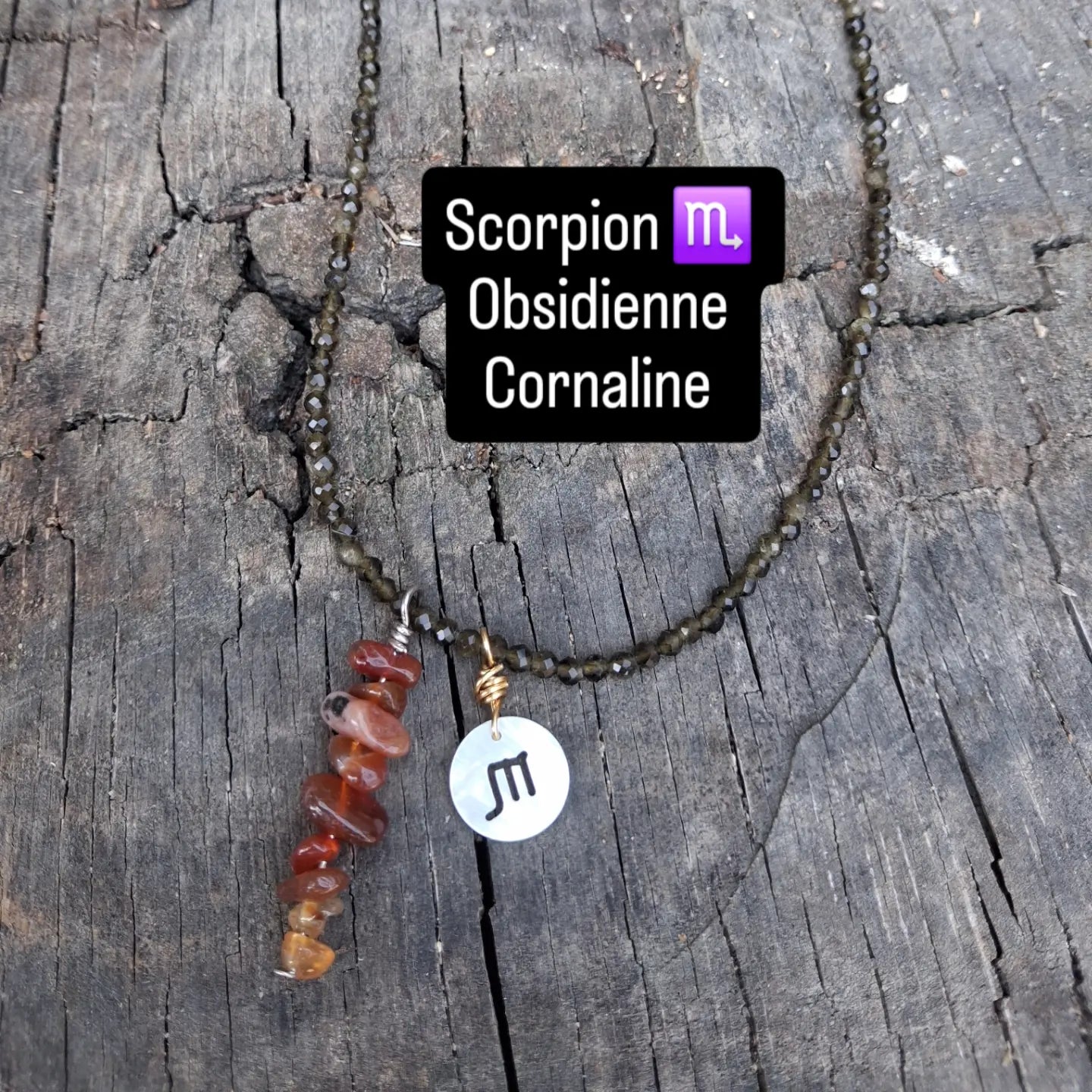 Collier Astro Scorpion — Obsidienne & Cornaline, fait main