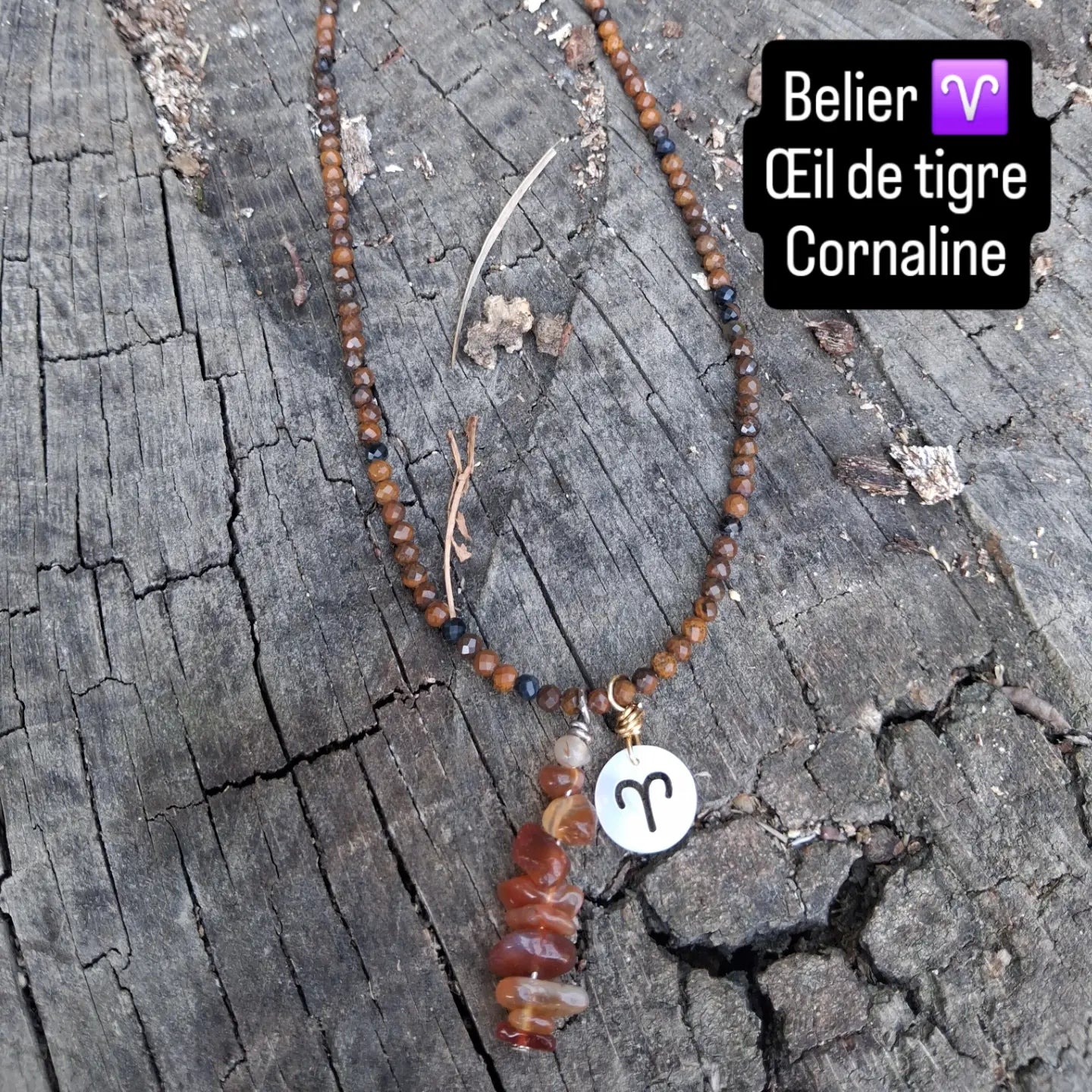 Collier Astro Bélier — Œil de tigre & Cornaline, fait main