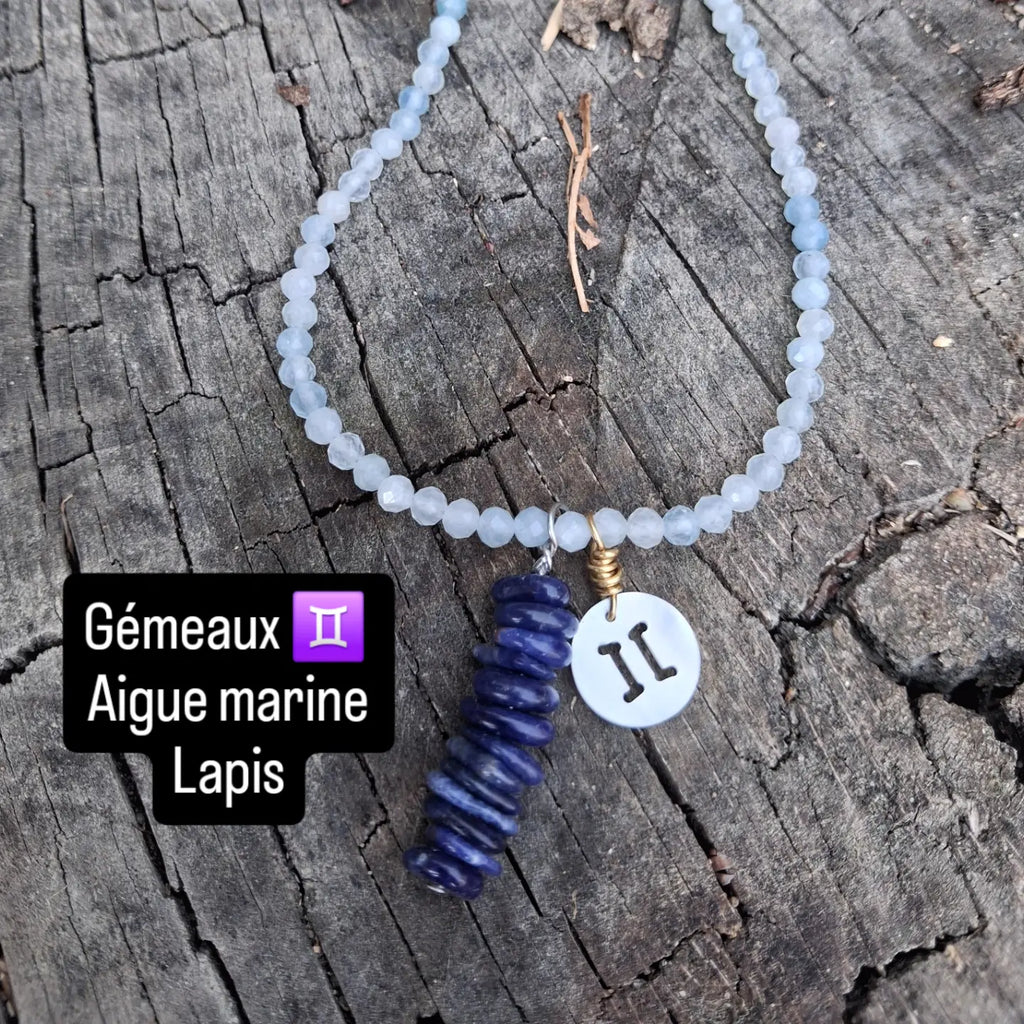 Collier Astro Gémeaux — Aigue-marine & Lapis-lazuli, fait main