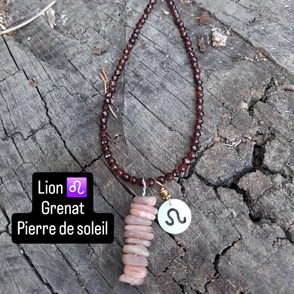 Collier Astro Lion — Grenat & Pierre de soleil, fait main